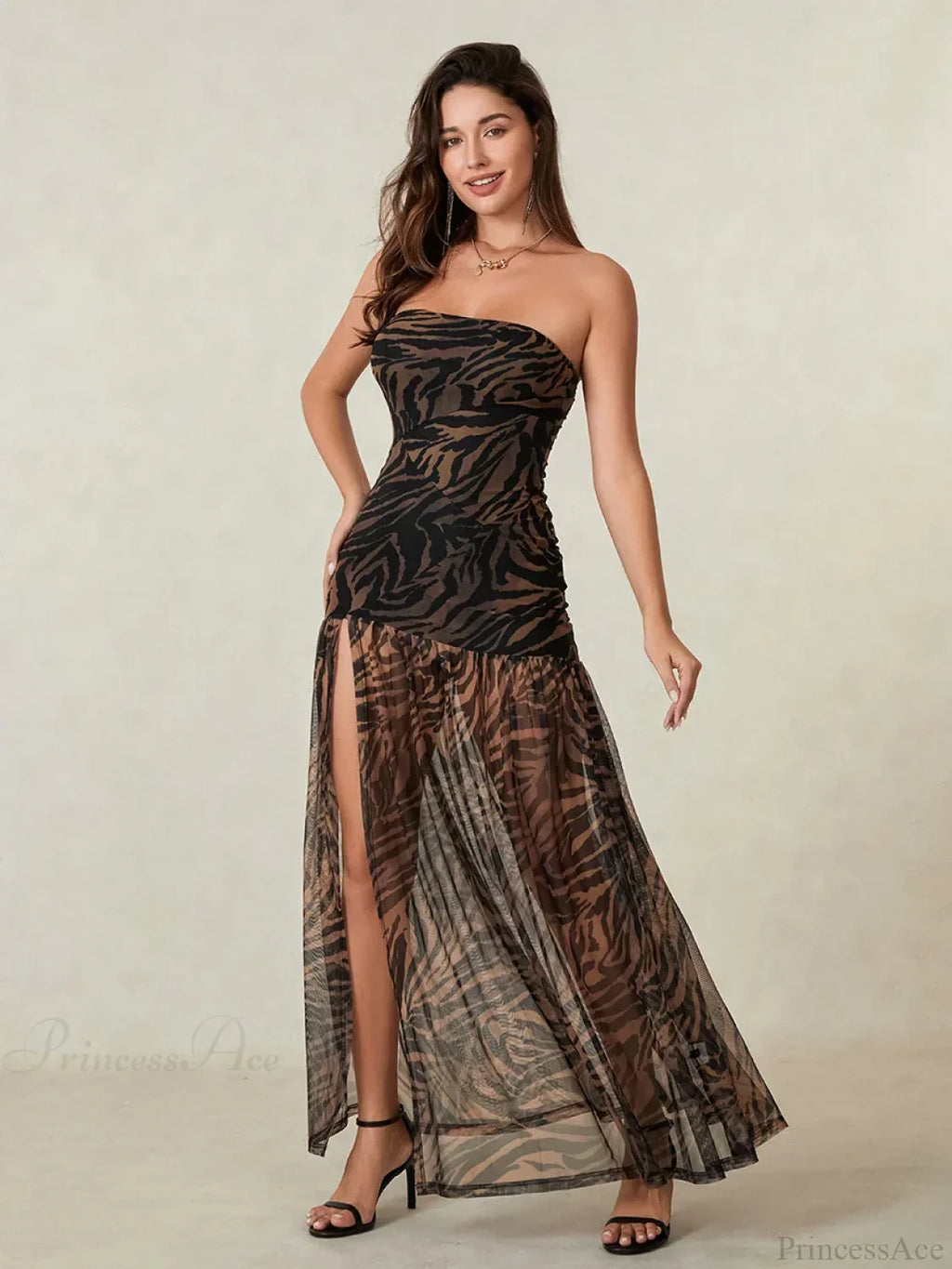 Strapless High Slit Mesh Hem Floral Dress