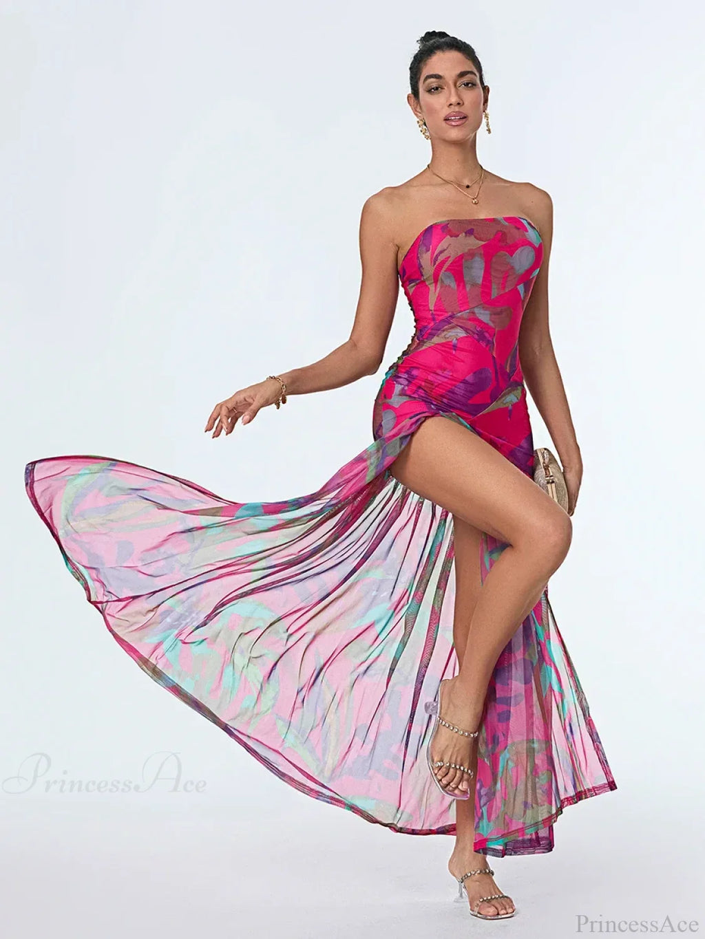 Strapless High Slit Mesh Hem Floral Dress