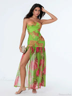 Strapless High Slit Mesh Hem Floral Dress