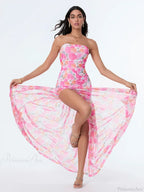 Strapless High Slit Mesh Hem Floral Dress