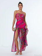 Strapless High Slit Mesh Hem Floral Dress