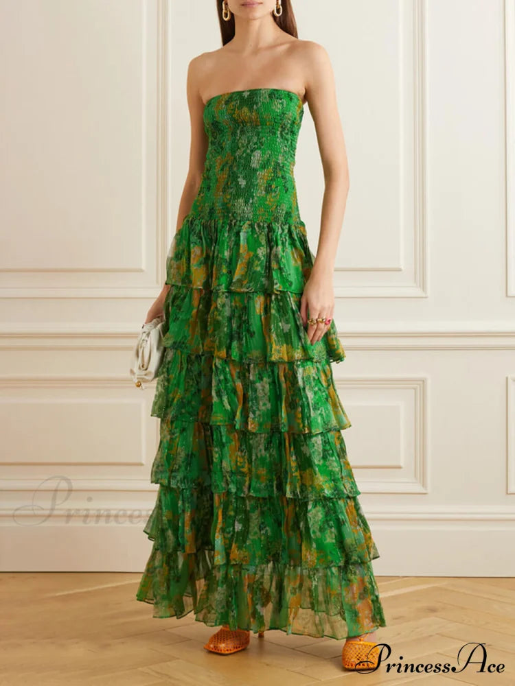 Strapless Layered Bandeau Charming Floral Print Maxi Dress