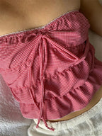 Strapless Plaid Ruched Backless Tube Crop Top