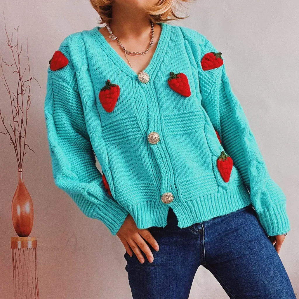 Strawberry Print Loose Fitting Knit Cardigan
