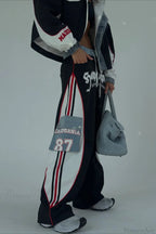 Street Style Denim Paneled Slim Fit Jacket Pants Two Piece Set