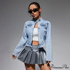 Streetwear Denim Cropped Gothic Button Ripped Bomber Long Sleeve Jacket