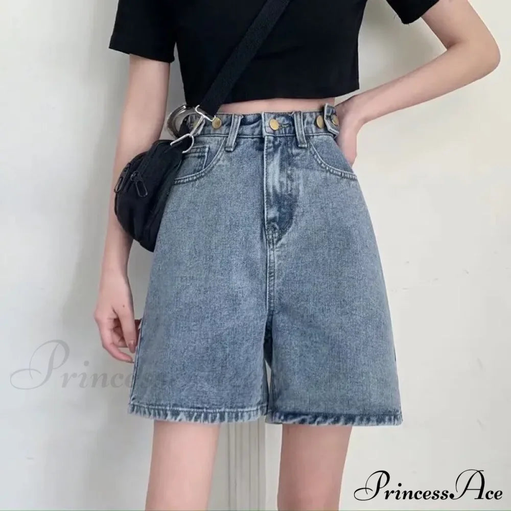 Streetwear Summer Half High-Waisted Belted Loose Female Short Fashion Jean