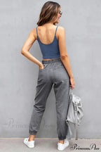 Stretch Women High Waist Wide Leg Casual Fashion Pocket Drawstring Women Clothing Mom Jean