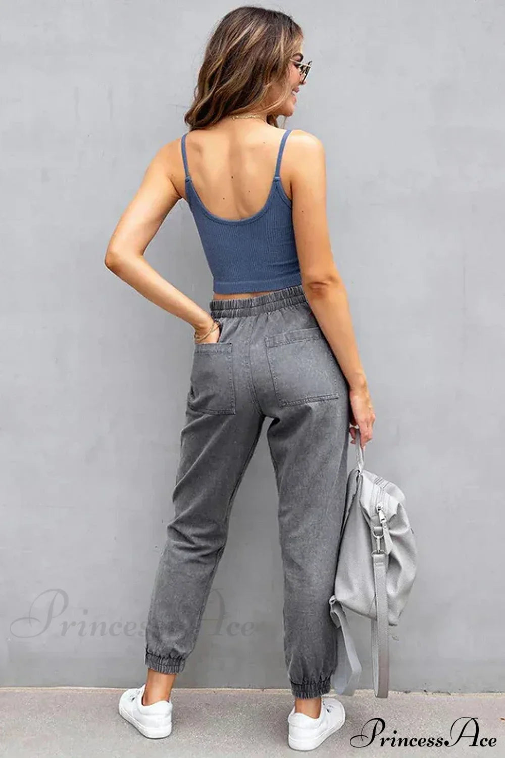 Stretch Women High Waist Wide Leg Casual Fashion Pocket Drawstring Women Clothing Mom Jean