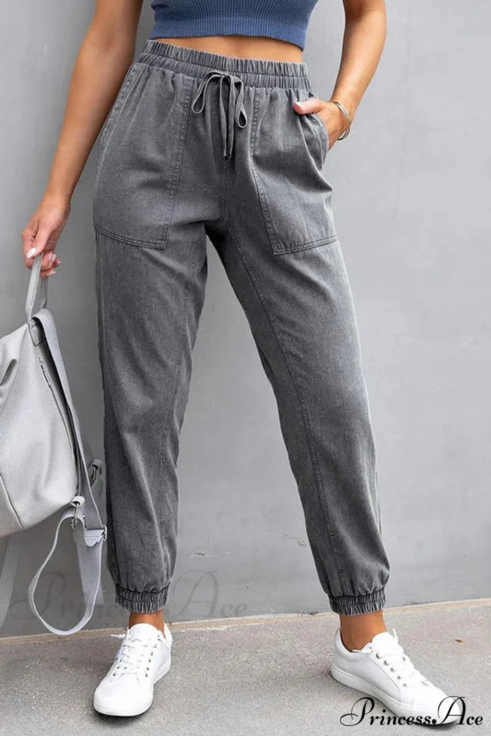 Stretch Women High Waist Wide Leg Casual Fashion Pocket Drawstring Women Clothing Mom Jean