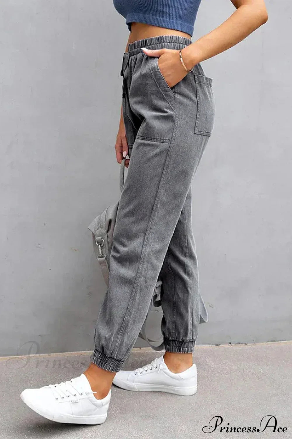 Stretch Women High Waist Wide Leg Casual Fashion Pocket Drawstring Women Clothing Mom Jean
