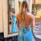 Tie Back Twist Front Cut Out Satin Slip Maxi Dress - Sky Blue