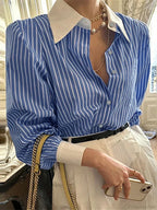 Stripe Patchwork Casual Long Sleeve Tunic Blouse