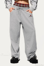 Stripe Plaid Panel Double Waist Wide Leg Pants