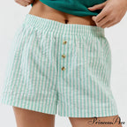 Stripe Print Pajama Boxer Elastic Waist Button Decor Straight Leg Sleeping Pants Short