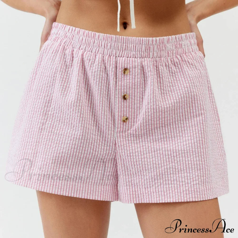 Stripe Print Pajama Boxer Elastic Waist Button Decor Straight Leg Sleeping Pants Short