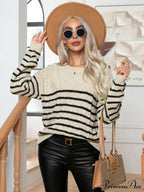 Striped Arm Casual Sweater Pullover Long for Button Women