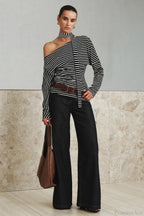 Striped Asymmetrical Shoulder Long Sleeve Tee