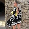Striped Backless Flare Sleeve Mini Dress