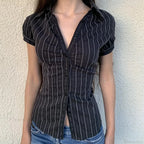Striped Button-Up Collar Blouse