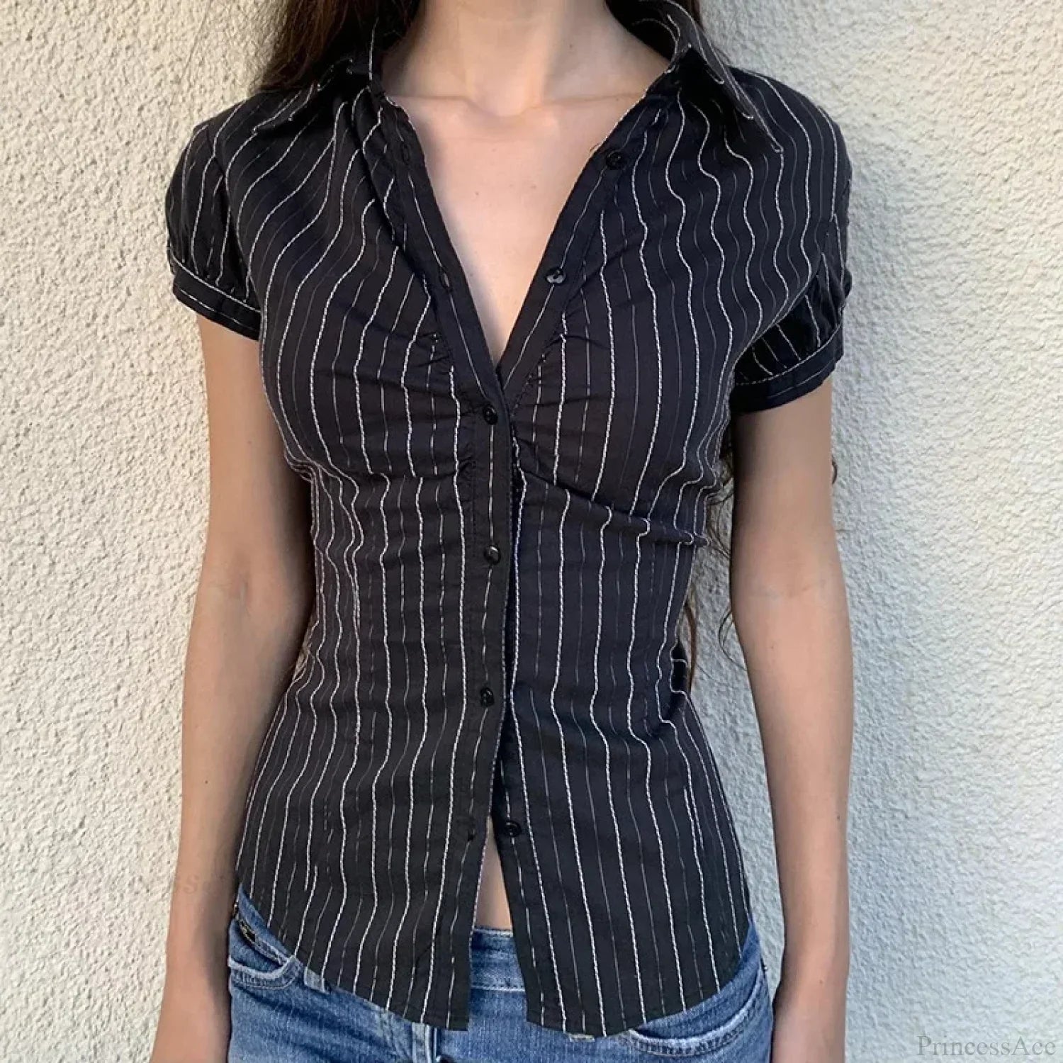 Striped Button-Up Collar Blouse