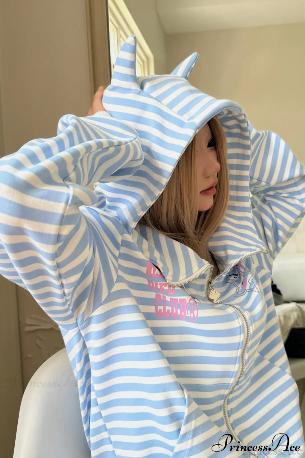 Striped Devil Horn Print Vintage Zip Hoodie