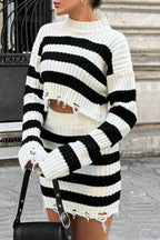 Striped Distressed Knit Cropped Sweater Skirt Two Piece Set
