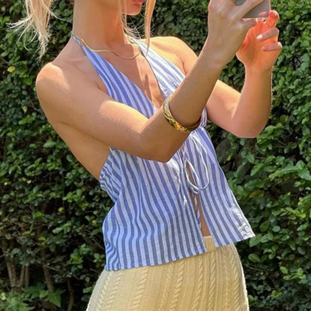 Striped Front Tie Halter Low Cut Crop Top