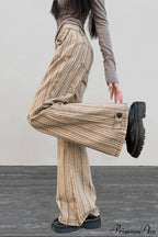 Striped Khaki Low Waist Slim Flared Jeans