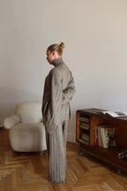 Striped Knit Elegant Sweater Wide-Leg Pants Two Piece Set