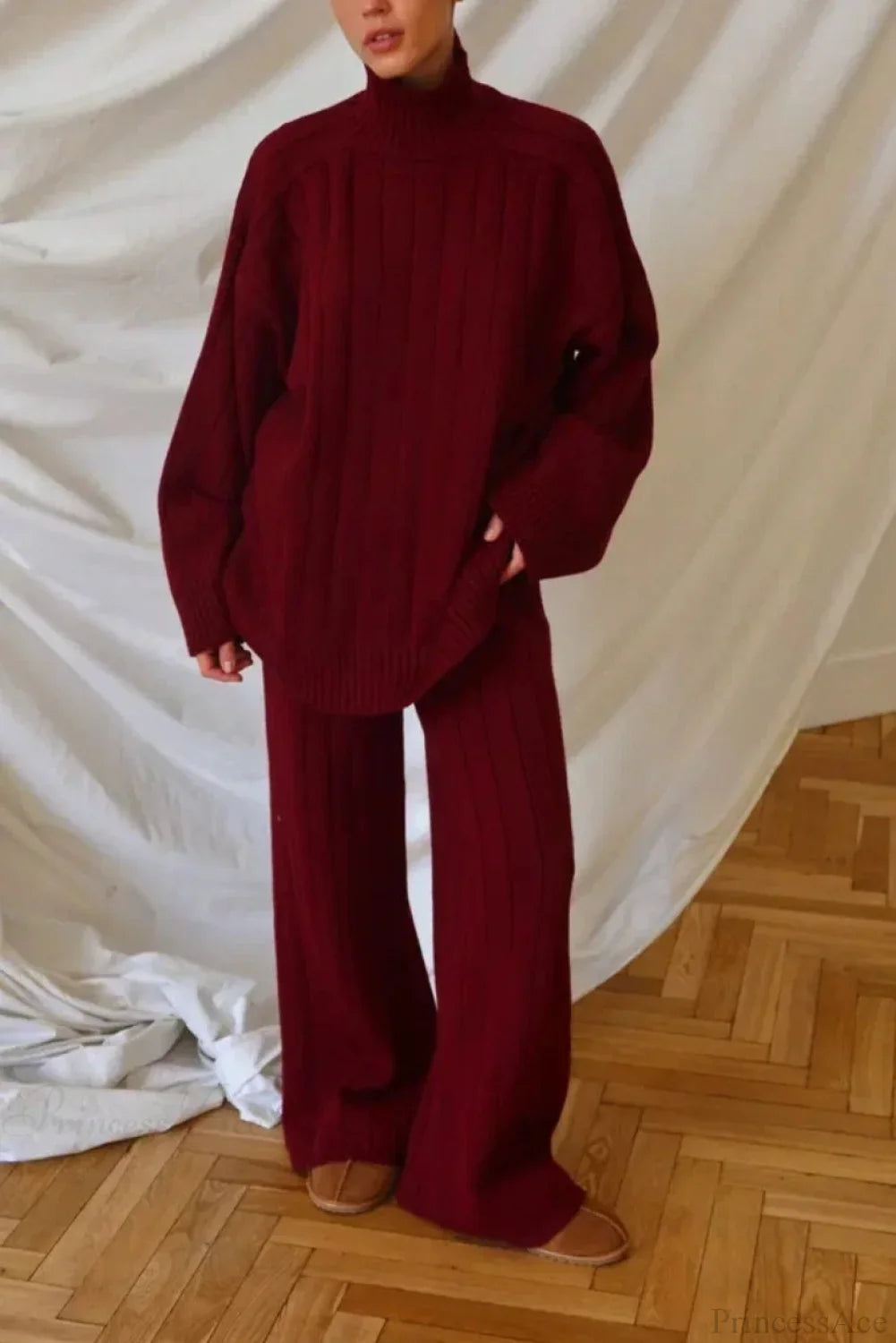 Striped Knit Elegant Sweater Wide-Leg Pants Two Piece Set