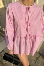 Striped Loose Fit Lace-Up Round Neck Blouse