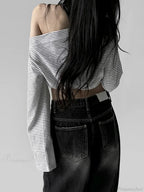 Striped Off-Shoulder Loose Slash Neck Long Sleeve Knit Top