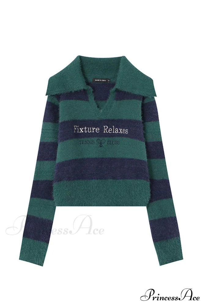 Striped Patchwork Knitted Sweater with Lapel