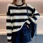 Striped Patchwork Round Neck Korean All - match Sweater