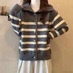 Striped Polo Collar Slimming Cardigan