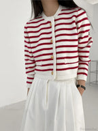 Striped Print Cropped Loose Knit Knit Cardigan