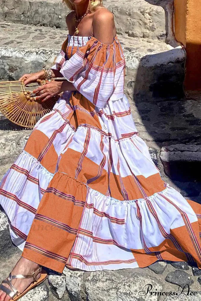 Striped Print Ruffle Sleeve Tiered Dress