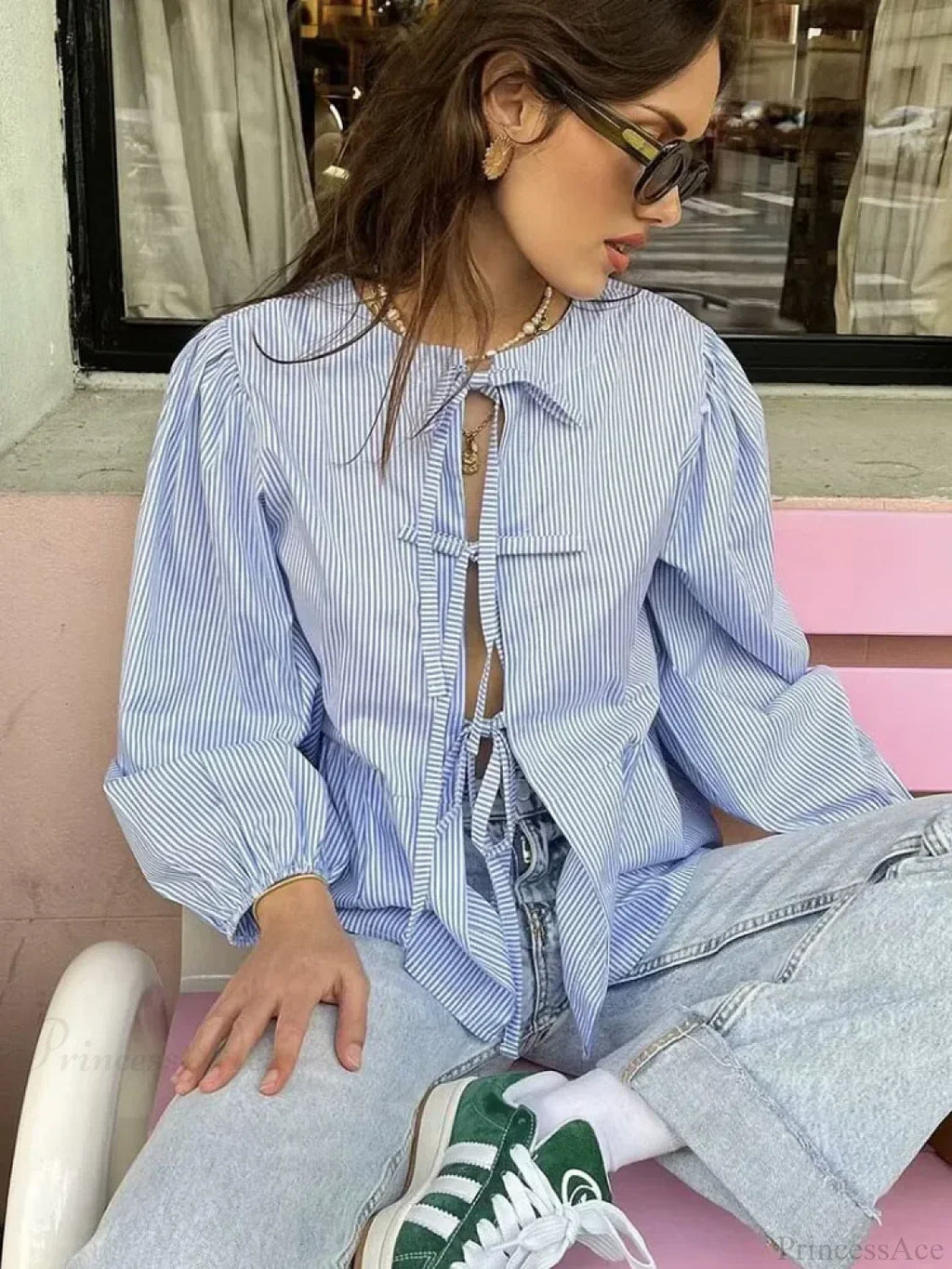 Striped Puff Sleeve Holiday Blouse