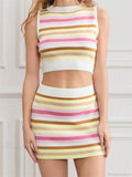 Striped Round Neck Sleeveless Cropped Tank Top with Mini Skirt Set