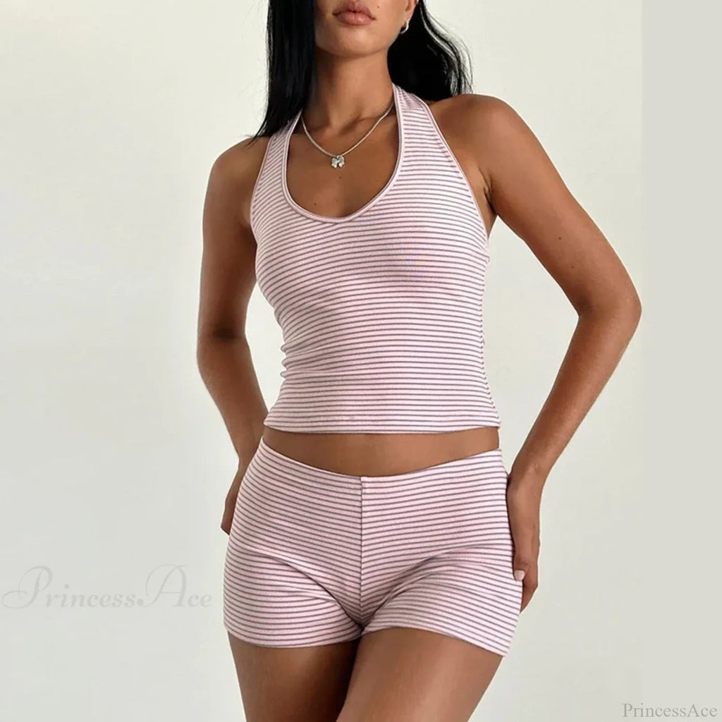 Stripes Print Sleeveless V Neck Halter Crop Low Waist Shorts Two Pieces Set