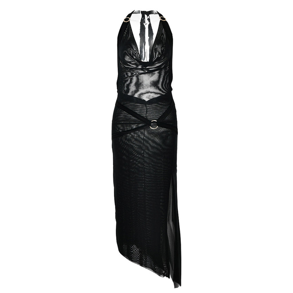 High Split O Ring Halter Cowl Neck Backless Midi Dress - Black