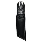High Split O Ring Halter Cowl Neck Backless Midi Dress - Black