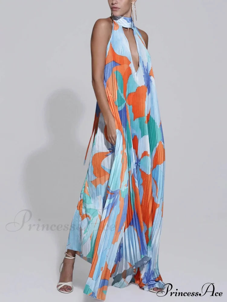 Stylish Pleated Halterneck Charming Strappy Backless Midi Dress