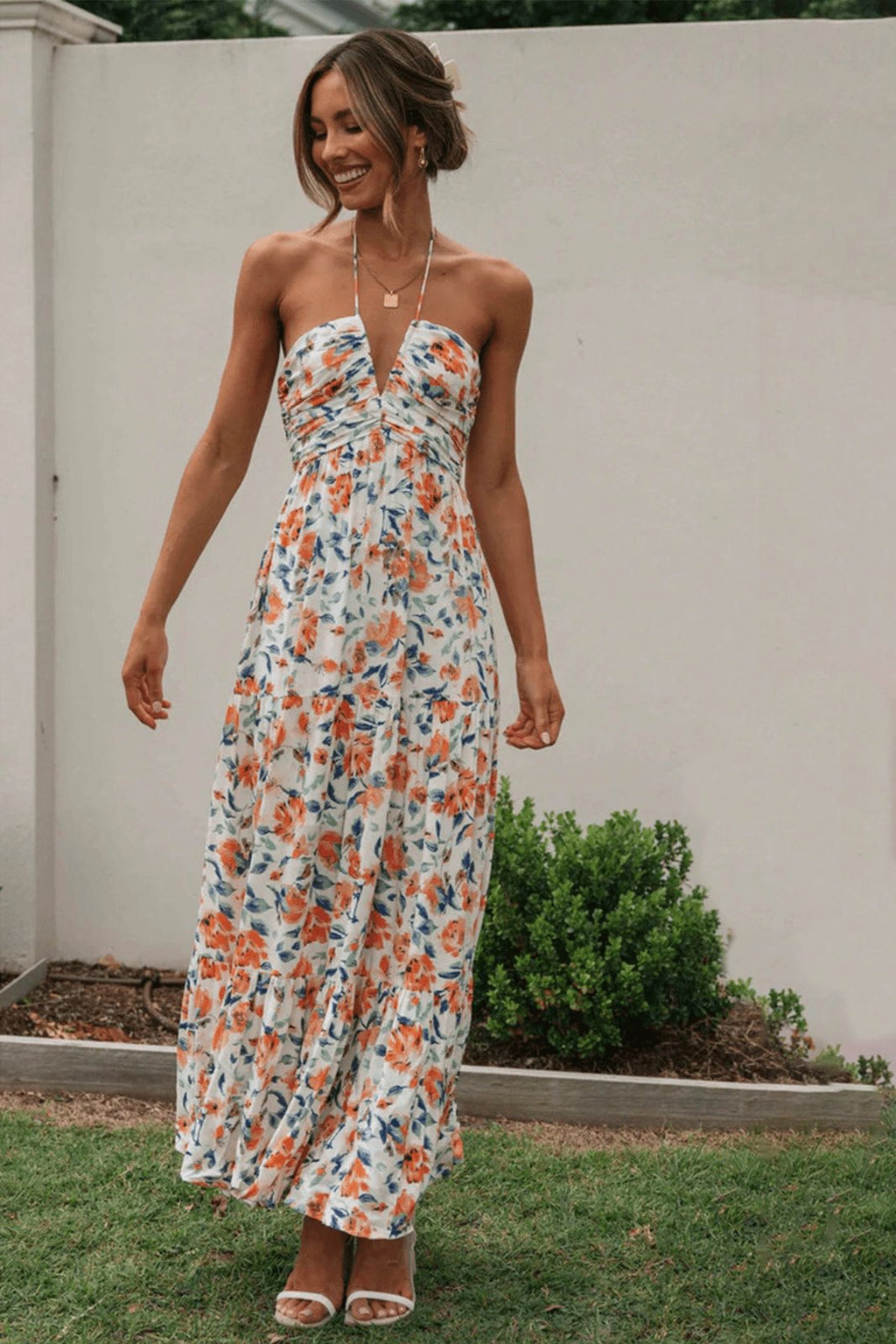 Blanca Elevated Halterneck Maxi Summer Dress with Floral Print Evening Wear Edit