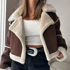 Suede Wide Lapel Cropped Fleece-Lined Long Sleeve Coat