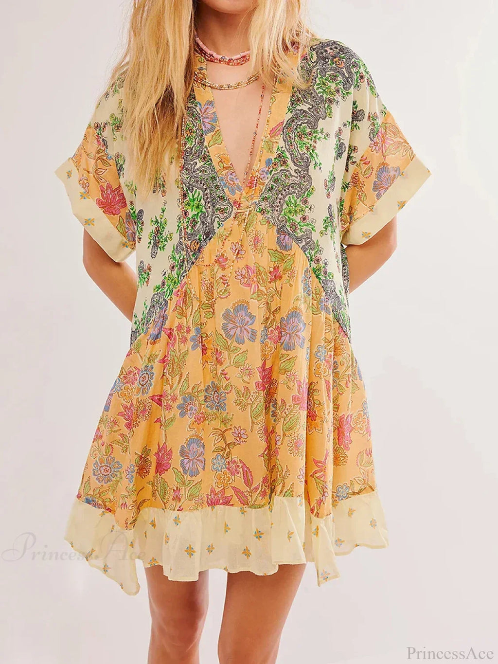 Summer Bohemian Babydoll Floral Print V-Neck Dress