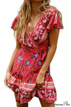 Summer Boho Floral Print Mini Wrap Beach Boho Dress