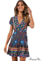 Summer Boho Floral Print Mini Wrap Beach Boho Dress