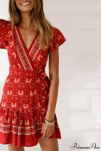 Summer Boho Floral Print Mini Wrap Beach Boho Dress
